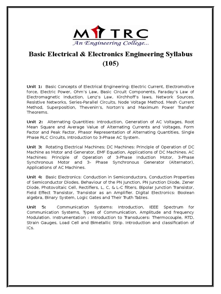 Basic Electrical & Electronics Engineering Syllabus PDF