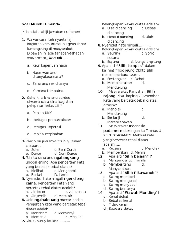 33+ Soal Bahasa Sunda Kelas 10 Dan Kunci Jawaban Semester 2 Pictures