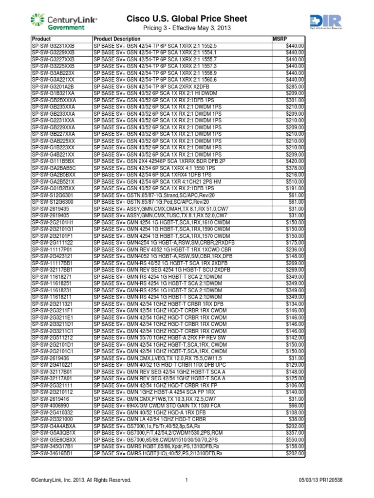 Cisco Us Global Price Sheet Pricing3 Pr120538 | PDF | Regulation