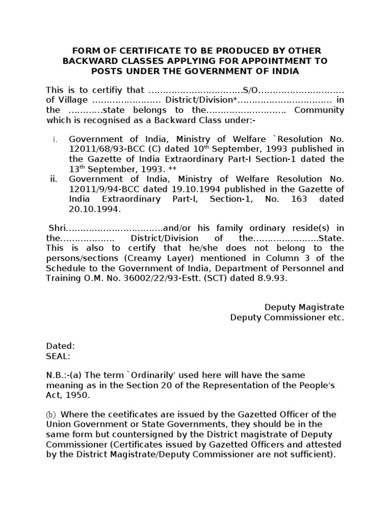 OBC Certificate Proforma | PDF | Politics Of India | Government Of India