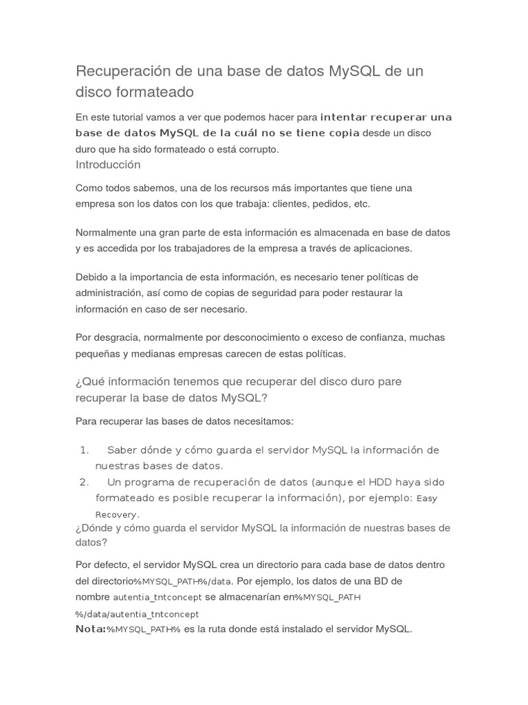 Recuperación de Una Base de Datos MySQL de Un Disco Formateado | PDF ...