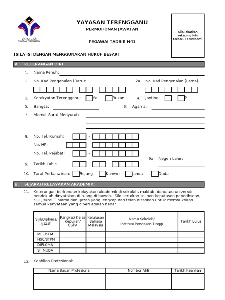 Borang Permohonan Bantuan Tajaan Yayasan Terengganu