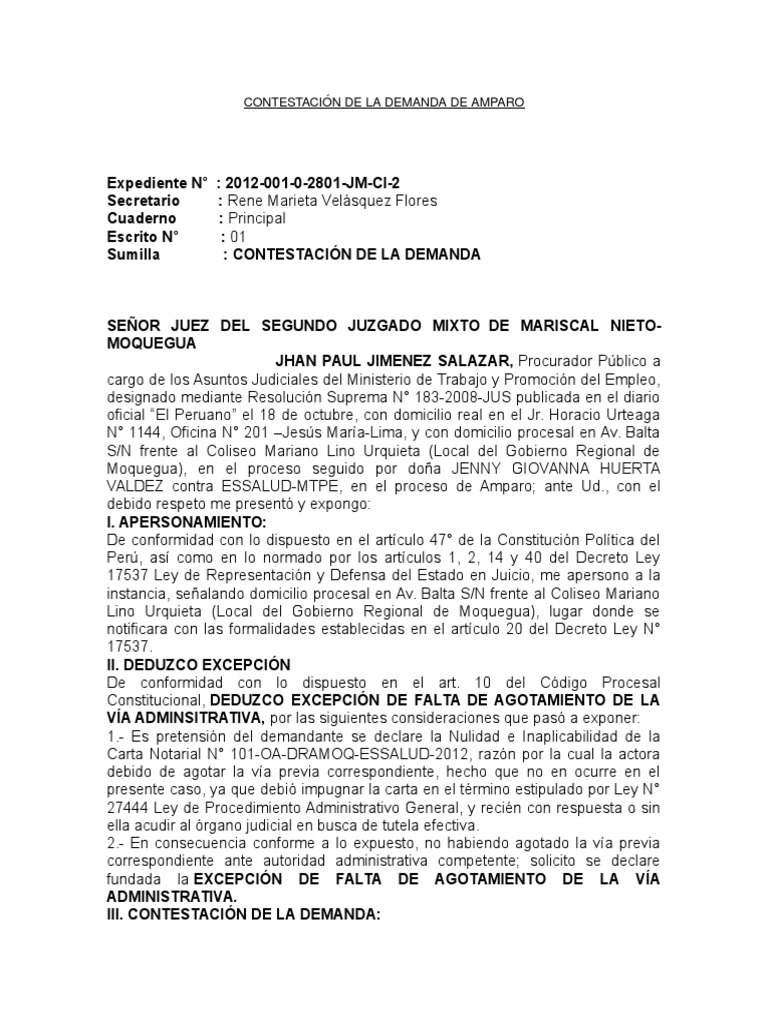 Contestación de La Demanda de Amparo | PDF | Demanda judicial | Ley procesal
