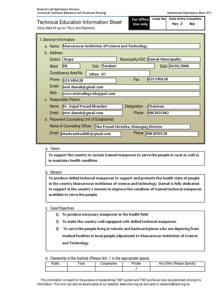 TVET Institutional Information Sheet 2072 | PDF | Vocational Education ...