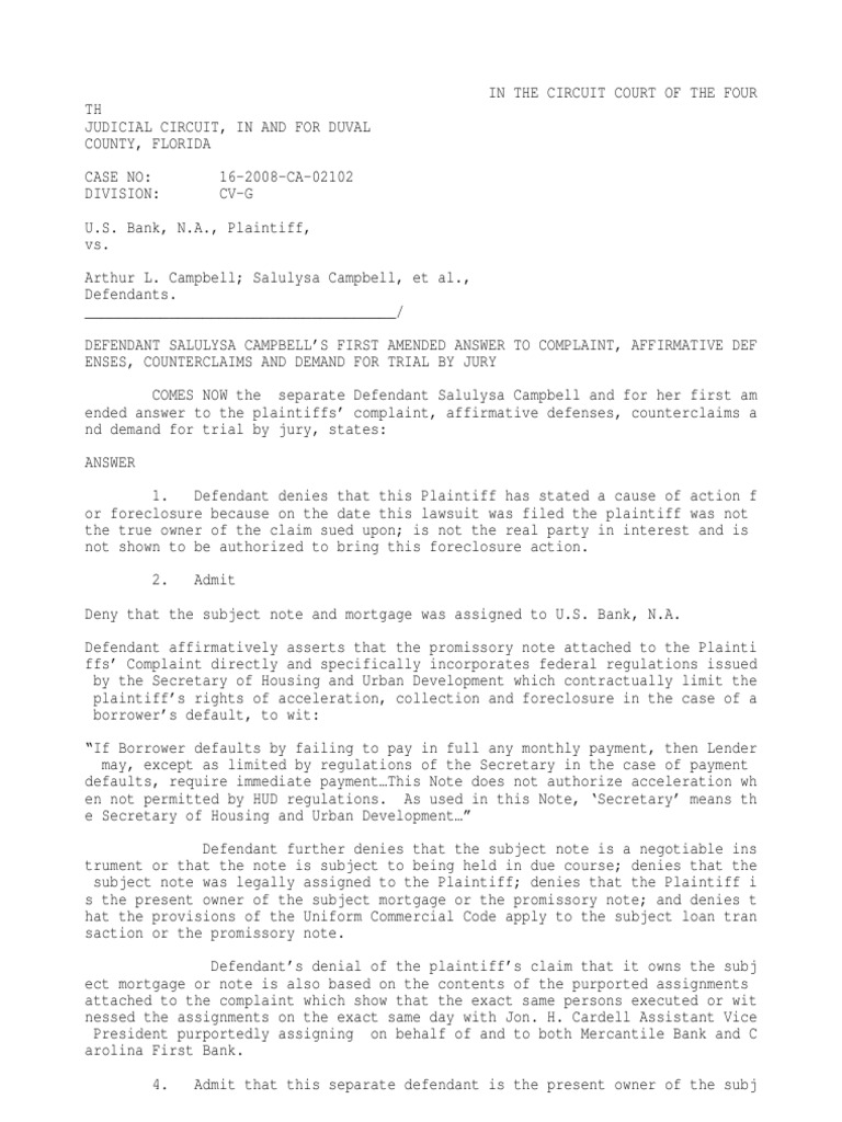 Amended Answer to Foreclosure Complaint | PDF