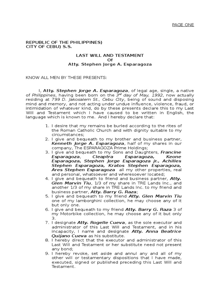 Sample Last Will And Testament Will And Testament Civil Law Common Law