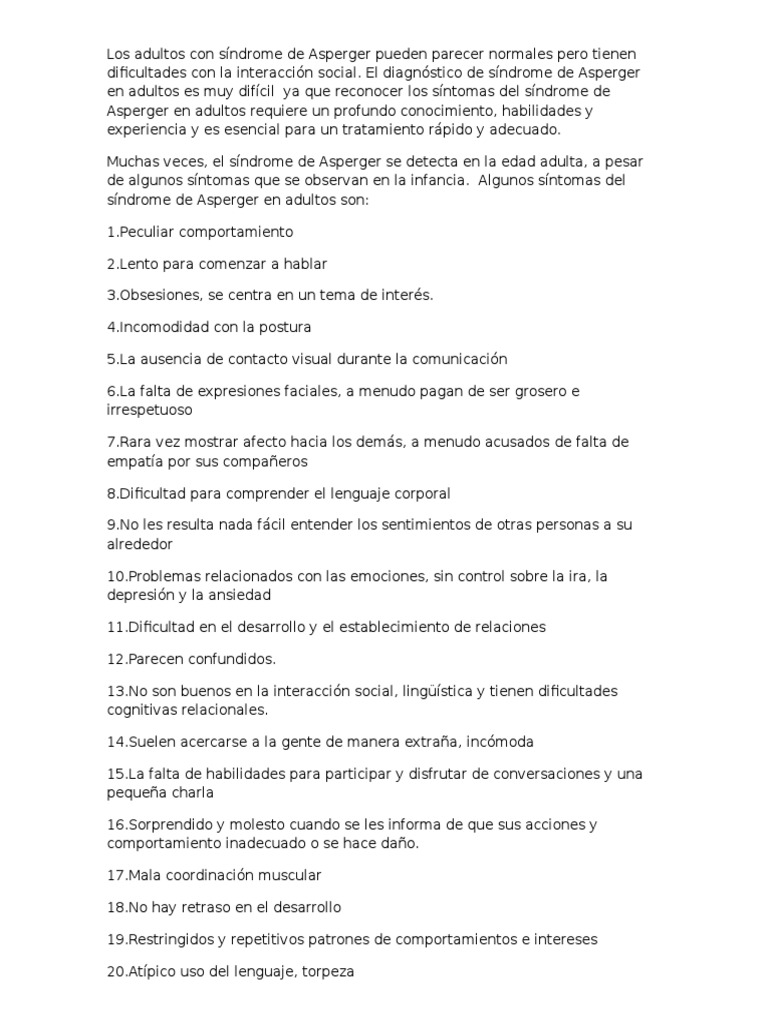 Síndrome de Asperger en Adultos: Síntomas y Tratamiento | PDF ...