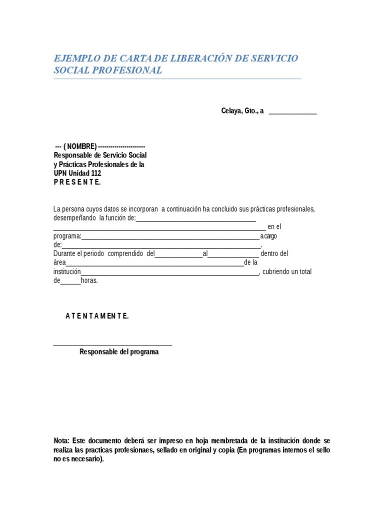 Ejemplo de Carta de Liberación de Practicas Profesionales