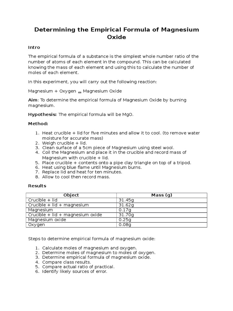Determining the Empirical Formula of Magnesium Oxide Experiment