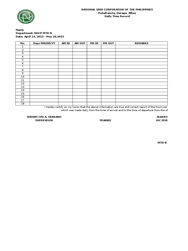 OJT Daily Time Record Template | PDF