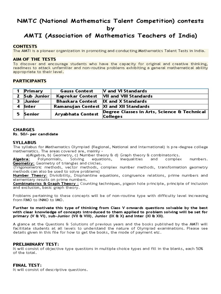 NMTC Syllabus and Contest Details | PDF | Number Theory | Geometry