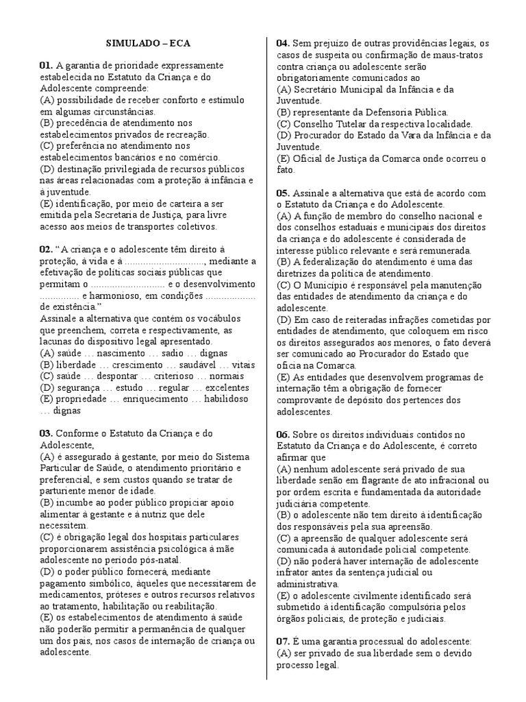 Simulado sobre o Estatuto da Criança e Adolescente | PDF | Adolescência ...