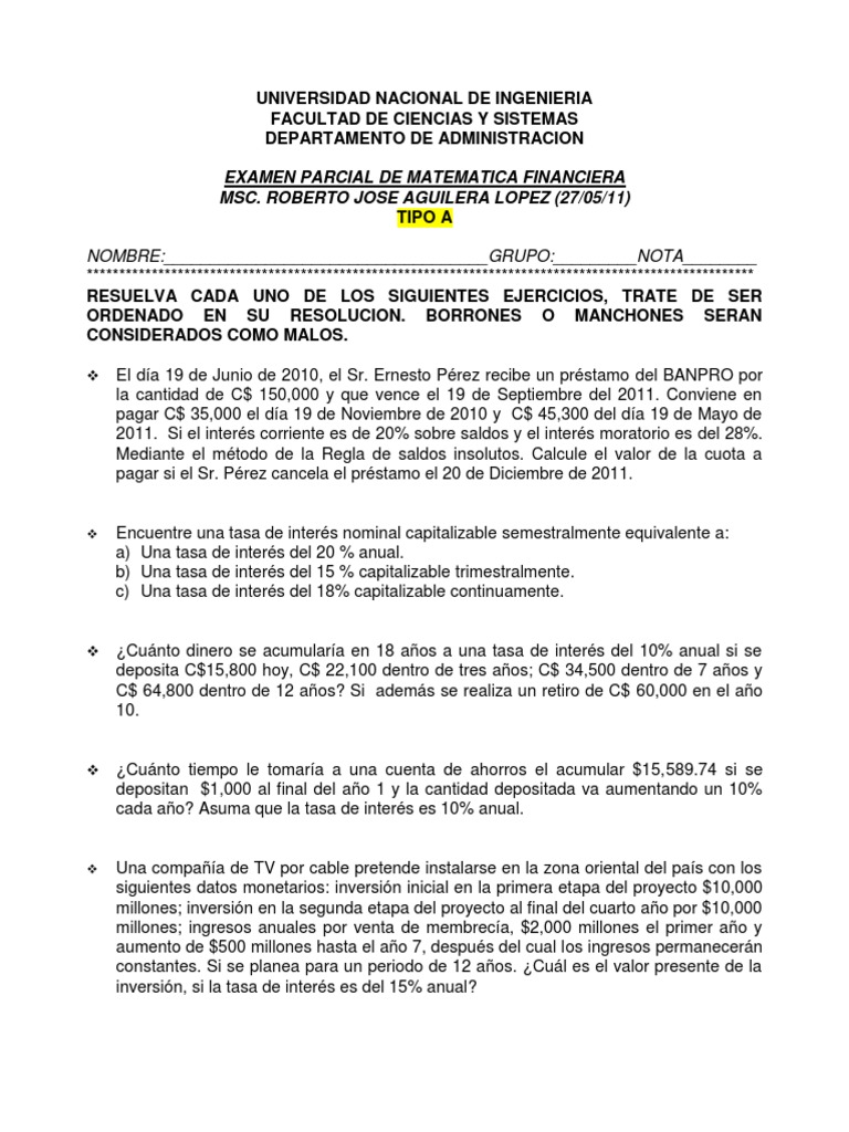 Examen de Matemática Financiera - UNI | PDF | Finanzas Matemáticas ...