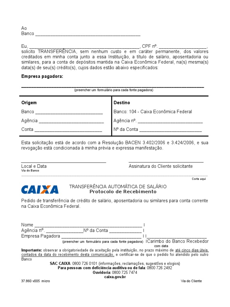 Formulario Portabilidade Caixa Econômica  Conta de Transação