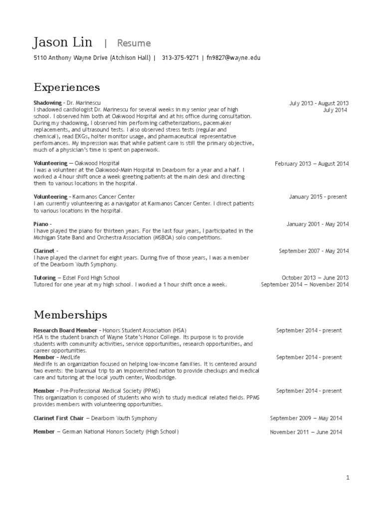 Lin CV | PDF | Health Care | Medicine