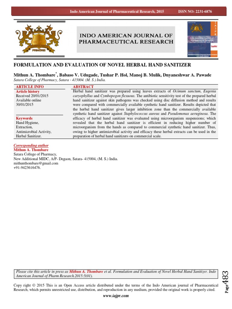 2015 Formulation and Evaluation of Novel Herbal Hand Sanitizer PDF