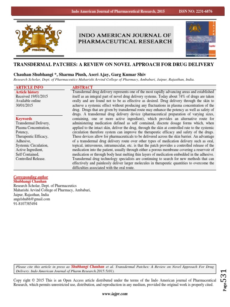 2015 Transdermal Patches A Review On Novel Approach For Drug Delivery ...