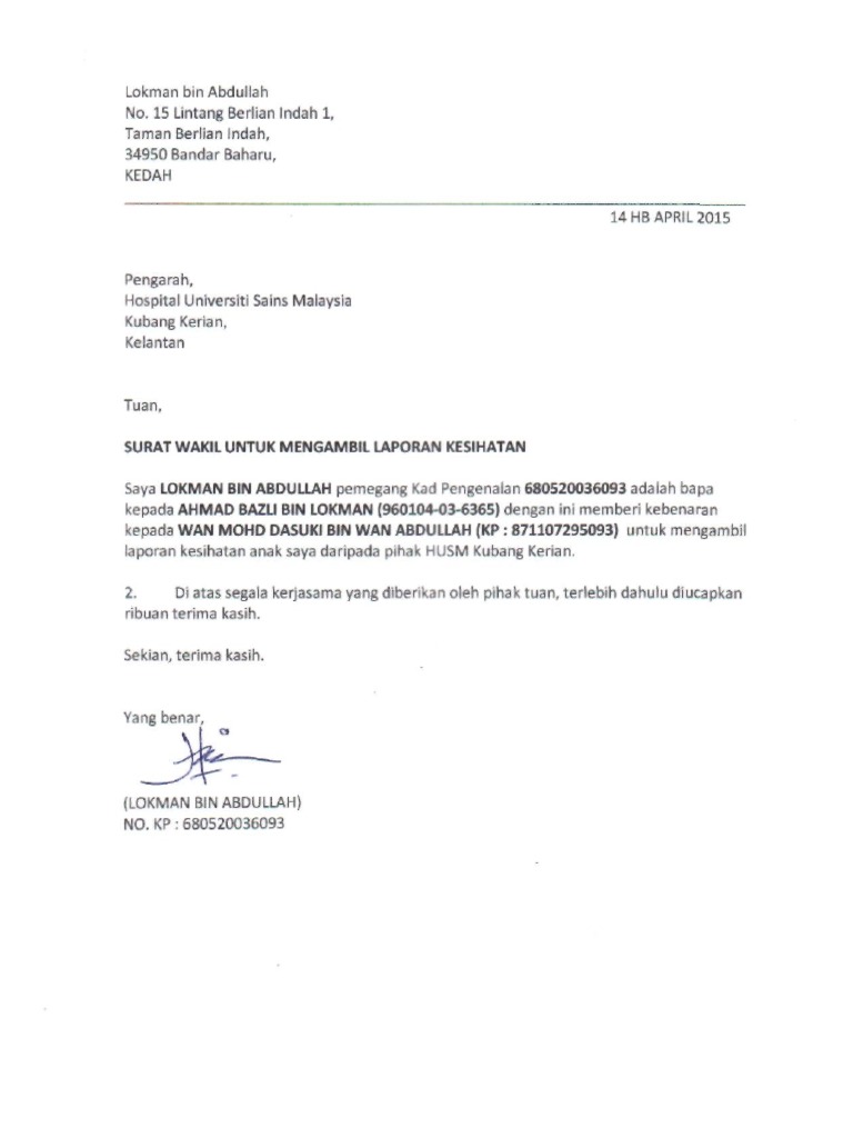 Contoh Surat Wakil Kuasa Puspakom