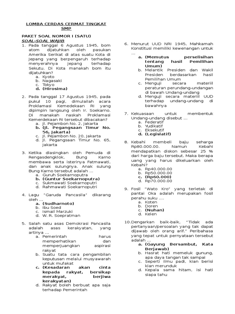 Soal Cerdas Cermat Pkn Smp Dan Jawabannya Guru Paud