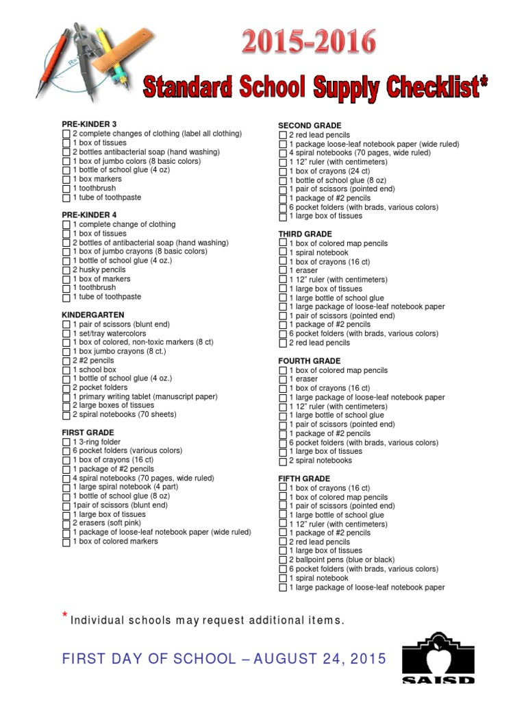 SAISD School Supply List PDF