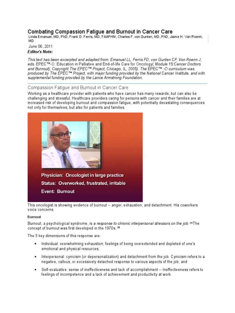 Combating Compassion Fatigue and Burnout in Cancer Care | PDF ...