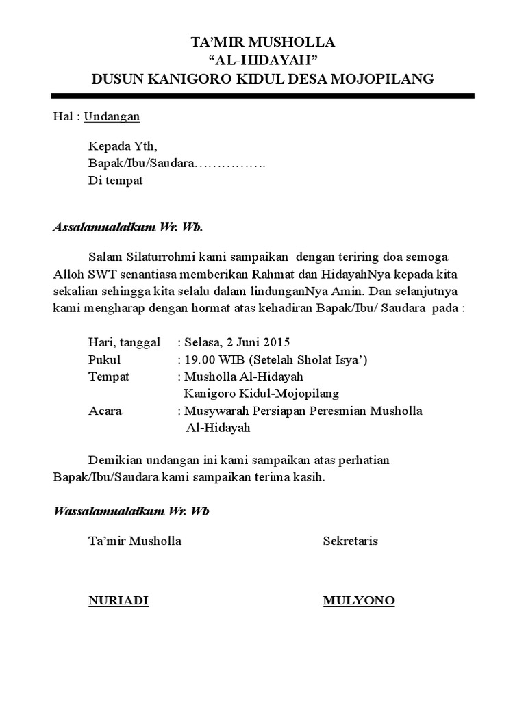 Undangan Peresmian Musholla Al Hidayah