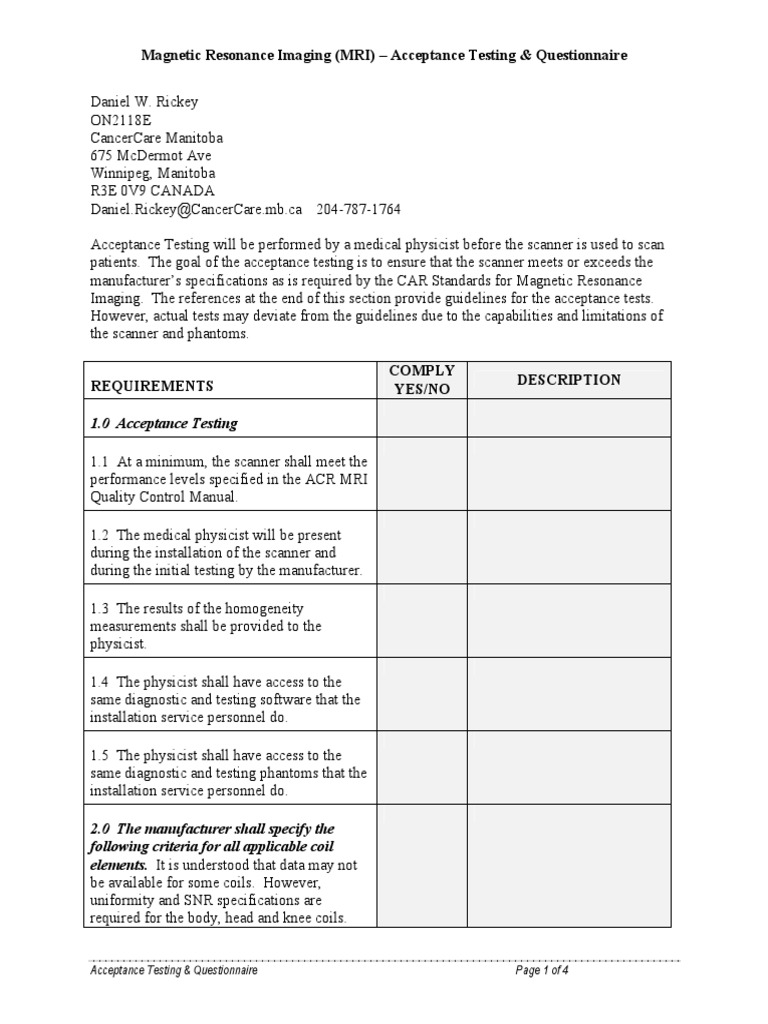 FORM QC MRI AcceptTesting 0604 Resonance Imaging Medical