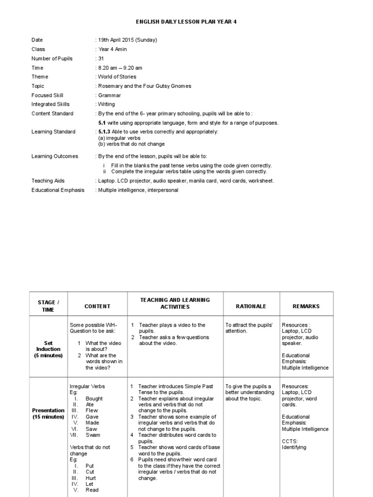 Year 4 Lesson Plan: Simple Past Tense | PDF | Lesson Plan | Linguistics