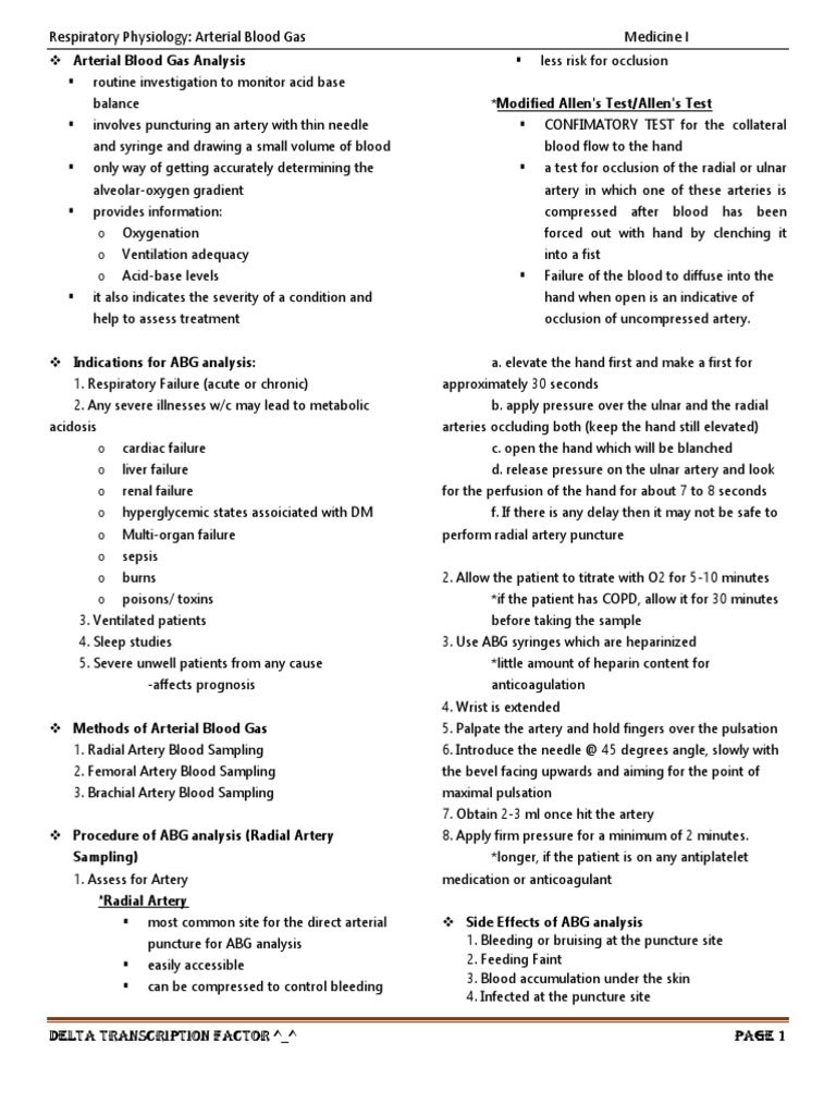 Arterial Blood Gas Analysis Overview | PDF | Diseases And Disorders ...
