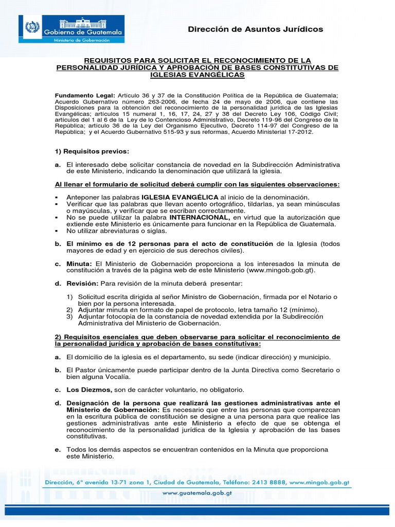 REQUISITOS PARA CONSTITUCION DE IGLESIAS EVANGELICAS en GUATEMALA PDF | PDF  | Constitución | Información del gobierno