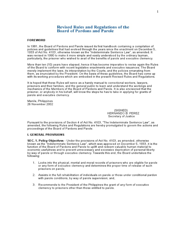 Revised Rules and Reg Board of Pardons and Parole Pardon Parole