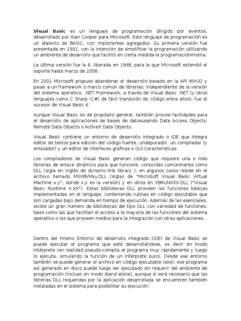 Historia y Funciones de Visual Basic | PDF | Ingeniería de software ...