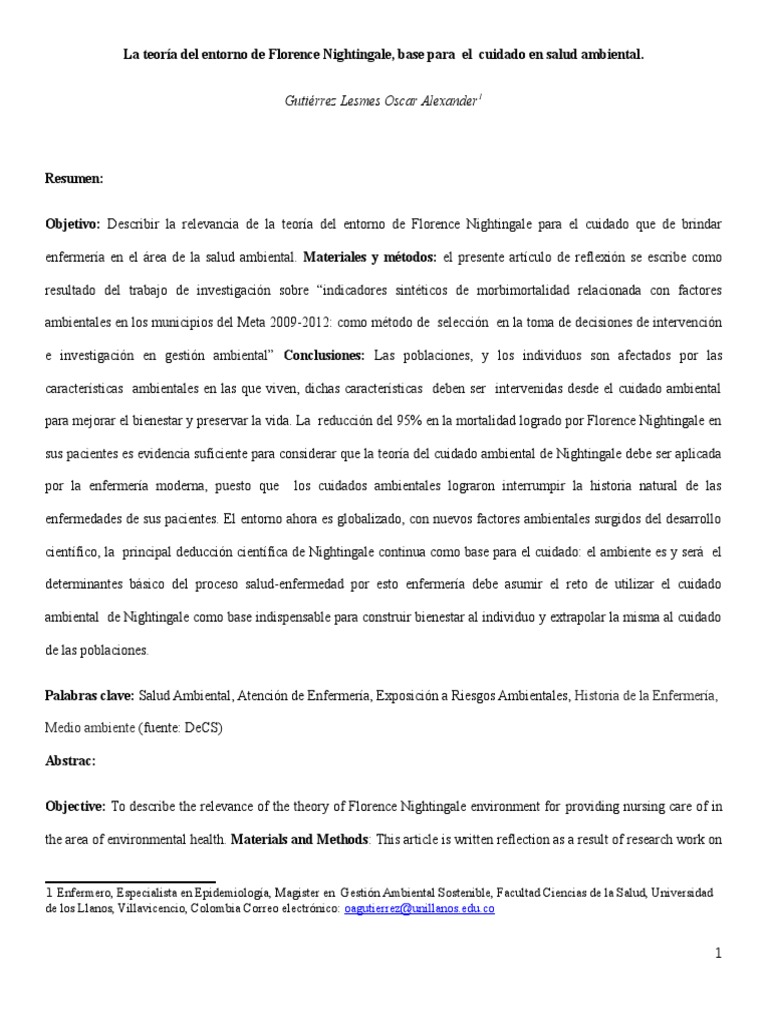 La Teoría Del Entorno de Florence Nightingale, Base Para