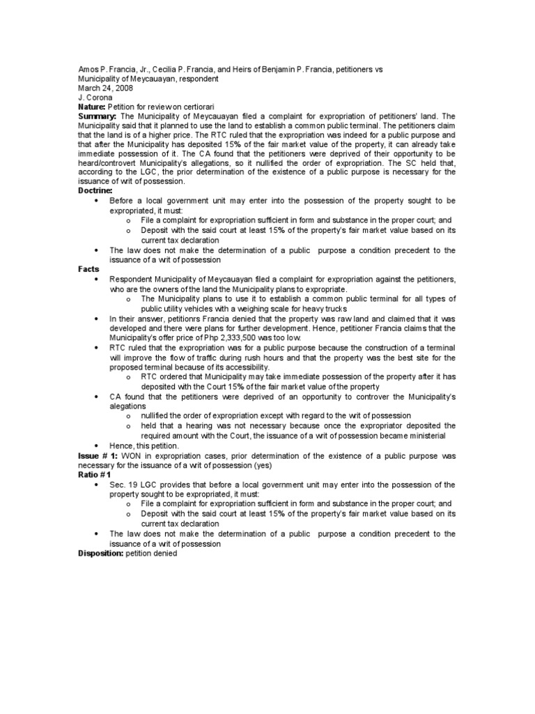 Francia Vs Municipality of Meycauayan PDF Eminent Domain Writ