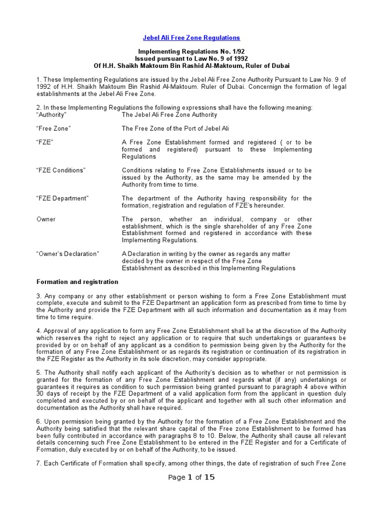 Jebel Ali Free Zone Regulations Negotiable Instrument Security Interest