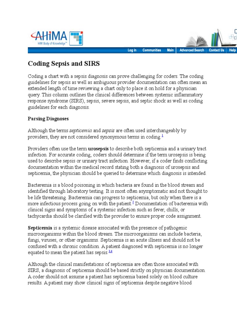 Coding sepsis and sirs sepsis infection