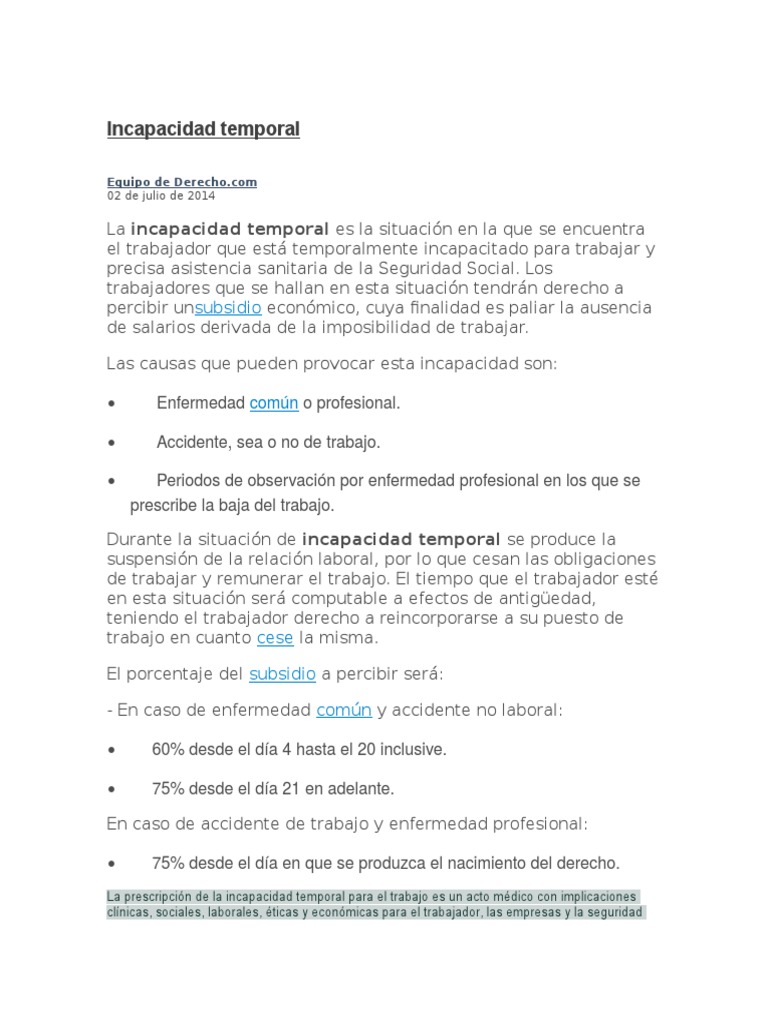 Definición de Incapacidad Temporal | PDF | Medicina | Especialidades ...