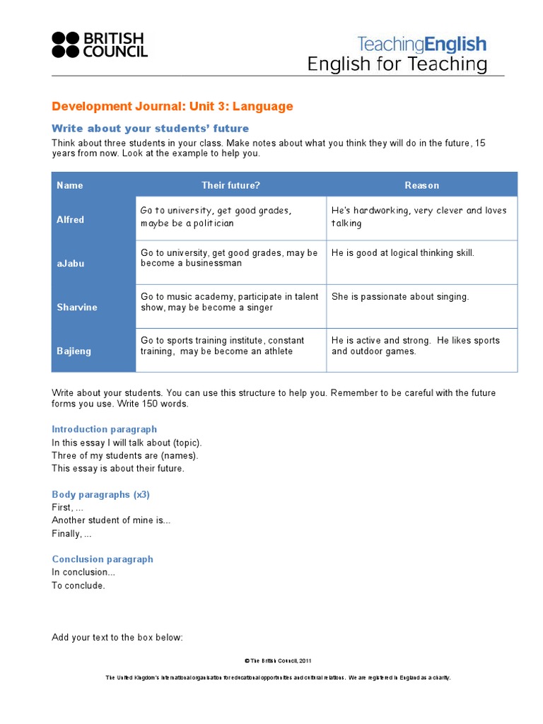 Development Journal: Unit 3: Language: Write About Your Students ...