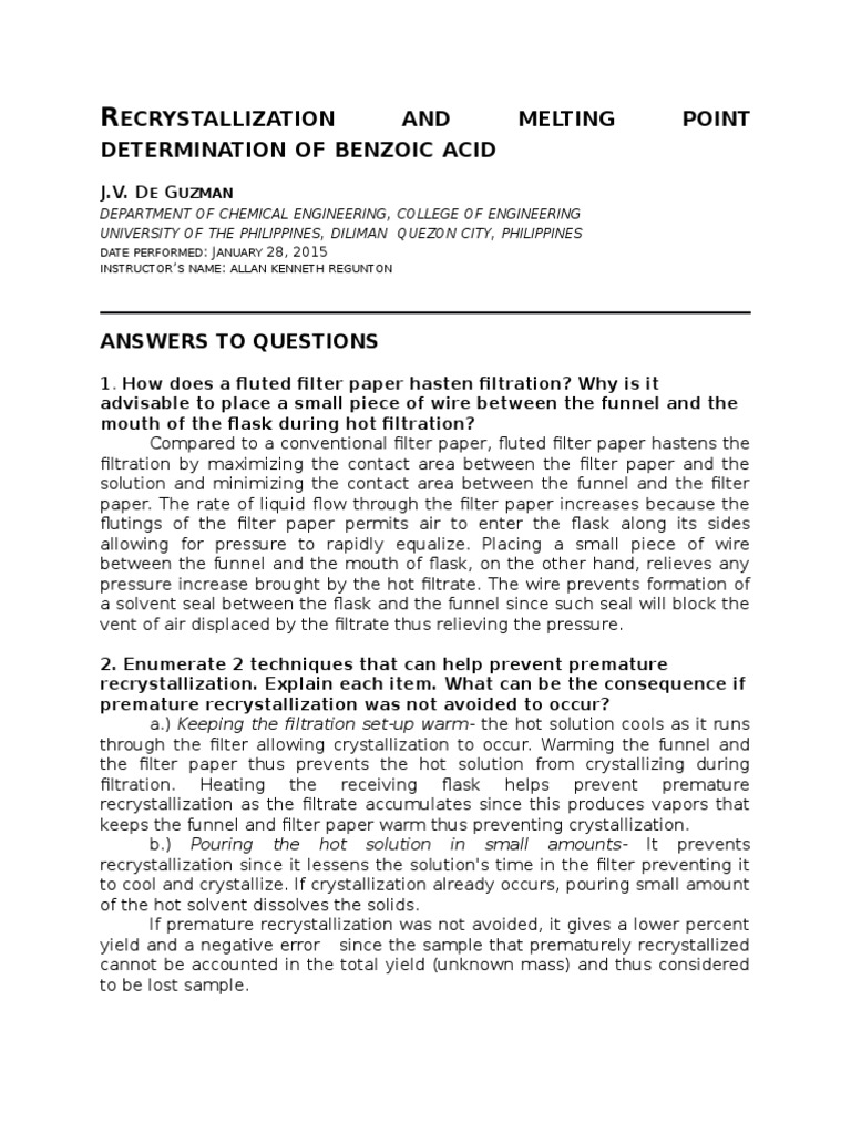 Determination of Benzoic Acid Melting Point and Recrystallization from ...