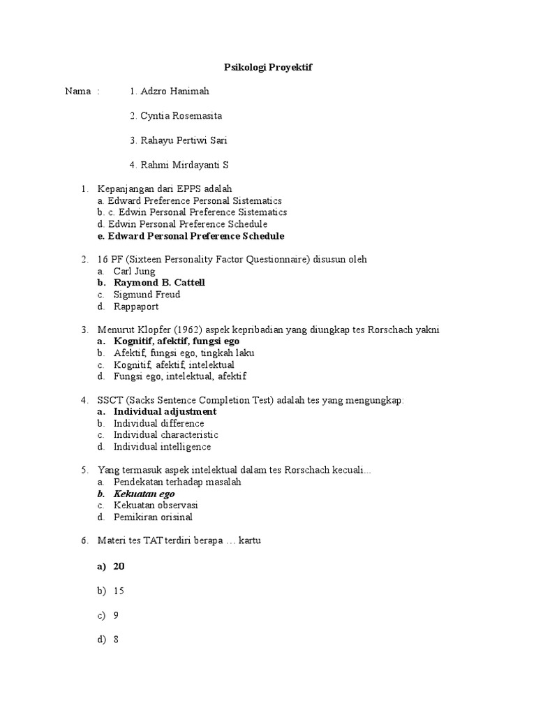 Soal Uas Psikologi Proyektif