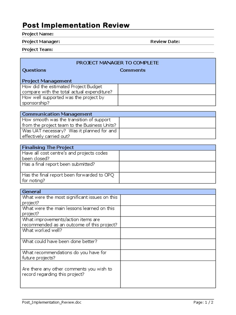 Post Implementation Review  PDF With Implementation Report Template