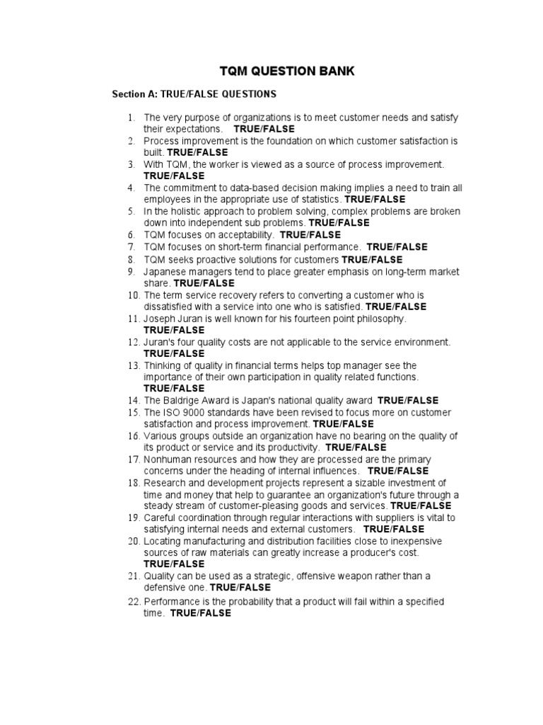TQM Question Bank and Evaluation Guide | PDF | Business