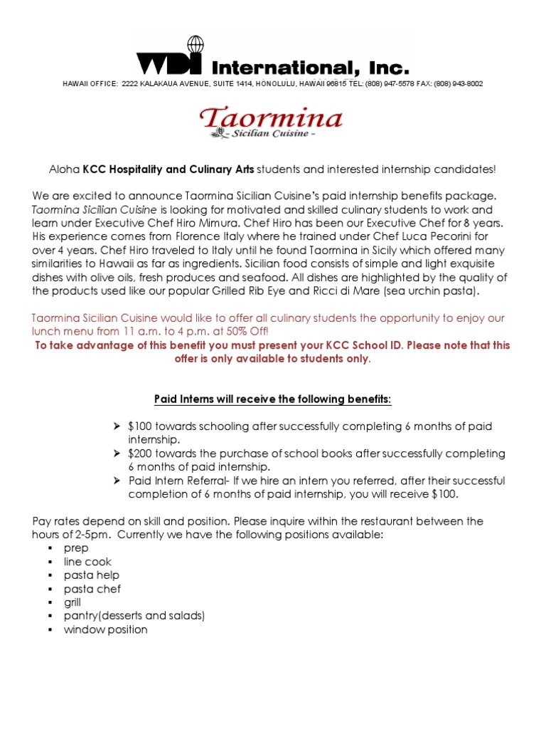 08-06-15 KCC Internship Offer Package | PDF | Cuisine | European Cuisine