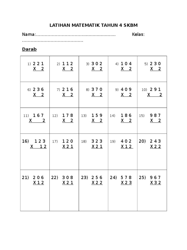 Latihan Matematik Tahun 4 Darab Skbm