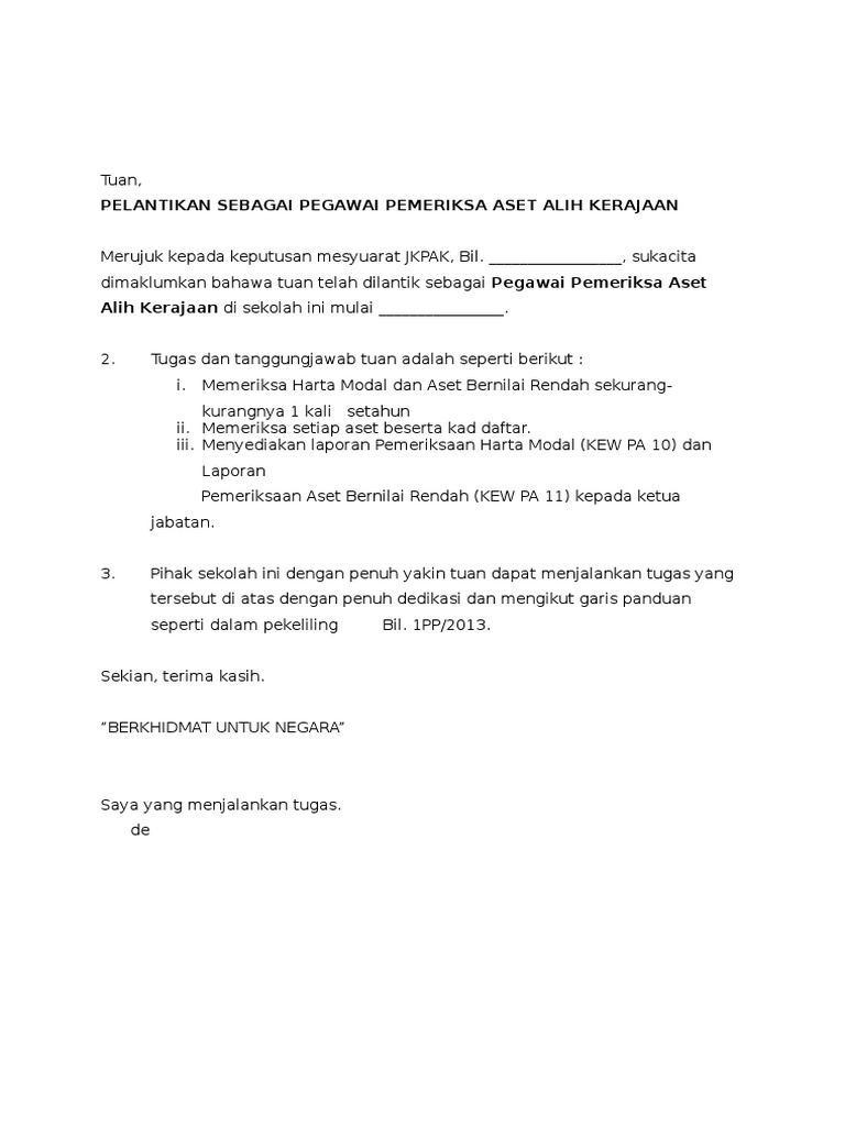 Contoh Surat Pelantikan Pegawai Aset Sekolah