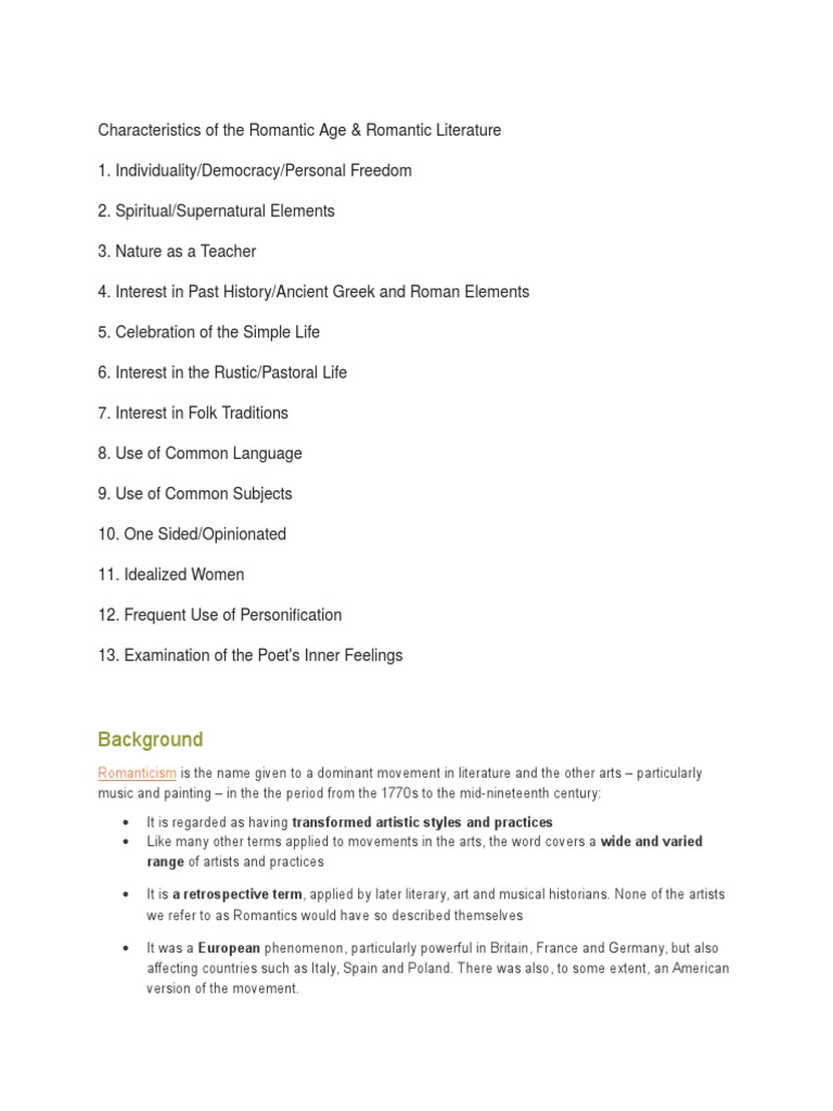 Features of Romantic Age Literature | PDF | Romanticism | Poetry