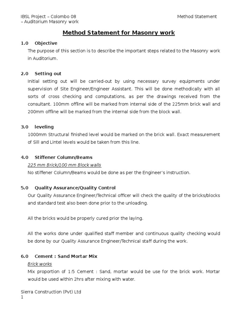 Auditorium Masonry Work Method Statement | PDF | Brick | Masonry