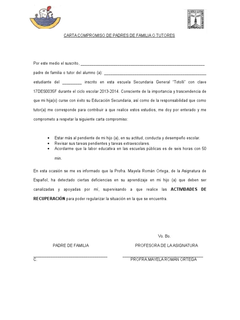 Carta Compromiso para Padres de Familia | PDF