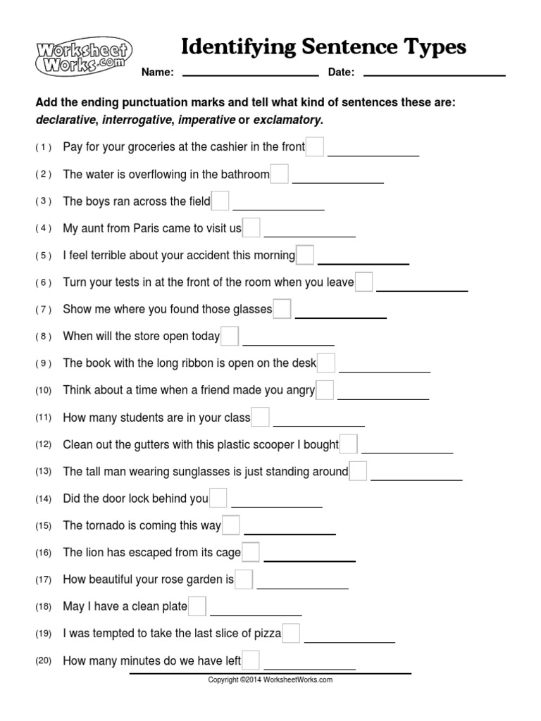 Worksheetworks Identifying Sentence Types 1