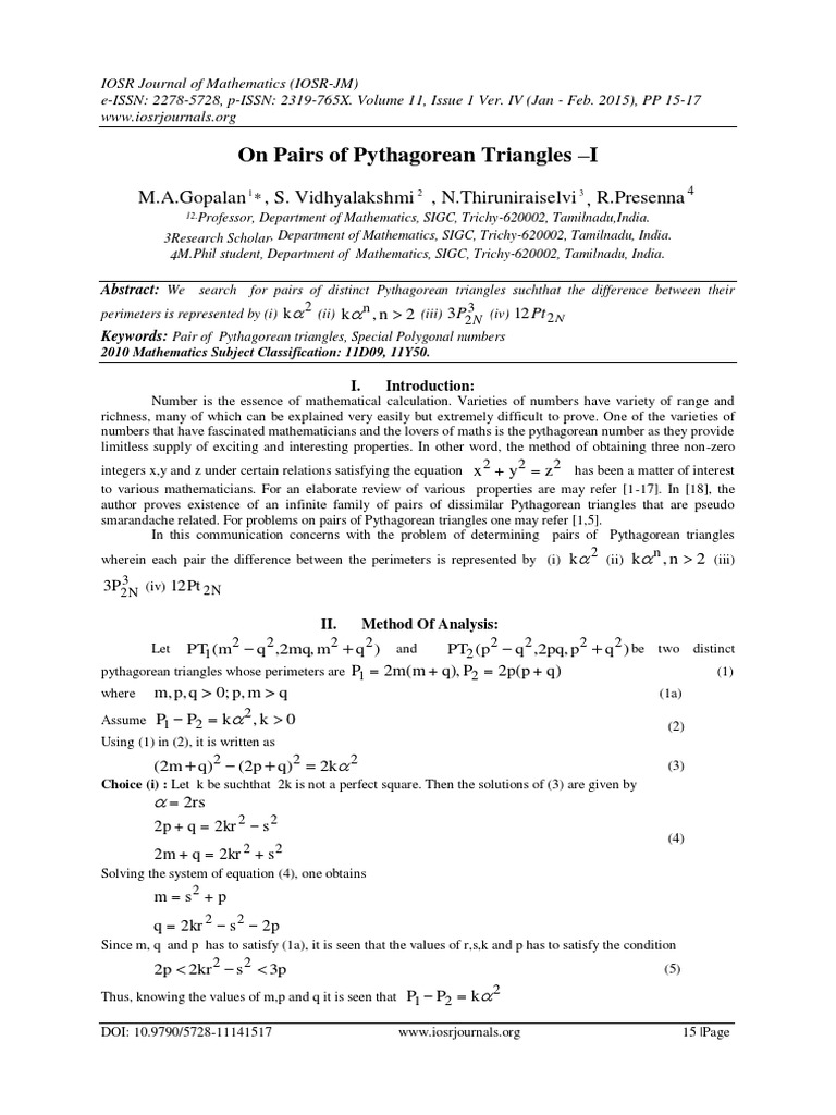 On Pairs of Pythagorean Triangles - I | PDF | Science & Mathematics